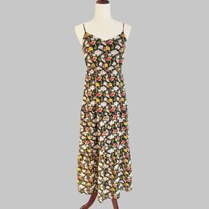 J. Crew Mercantile Floral tiered chiffon Maxi Dress Black Yellow 0 2 cottagecore